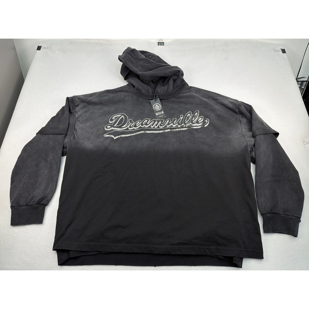 Dreamville Worldwide Mens XL Hoodie Black Faded Script Logo Double Sleeve New